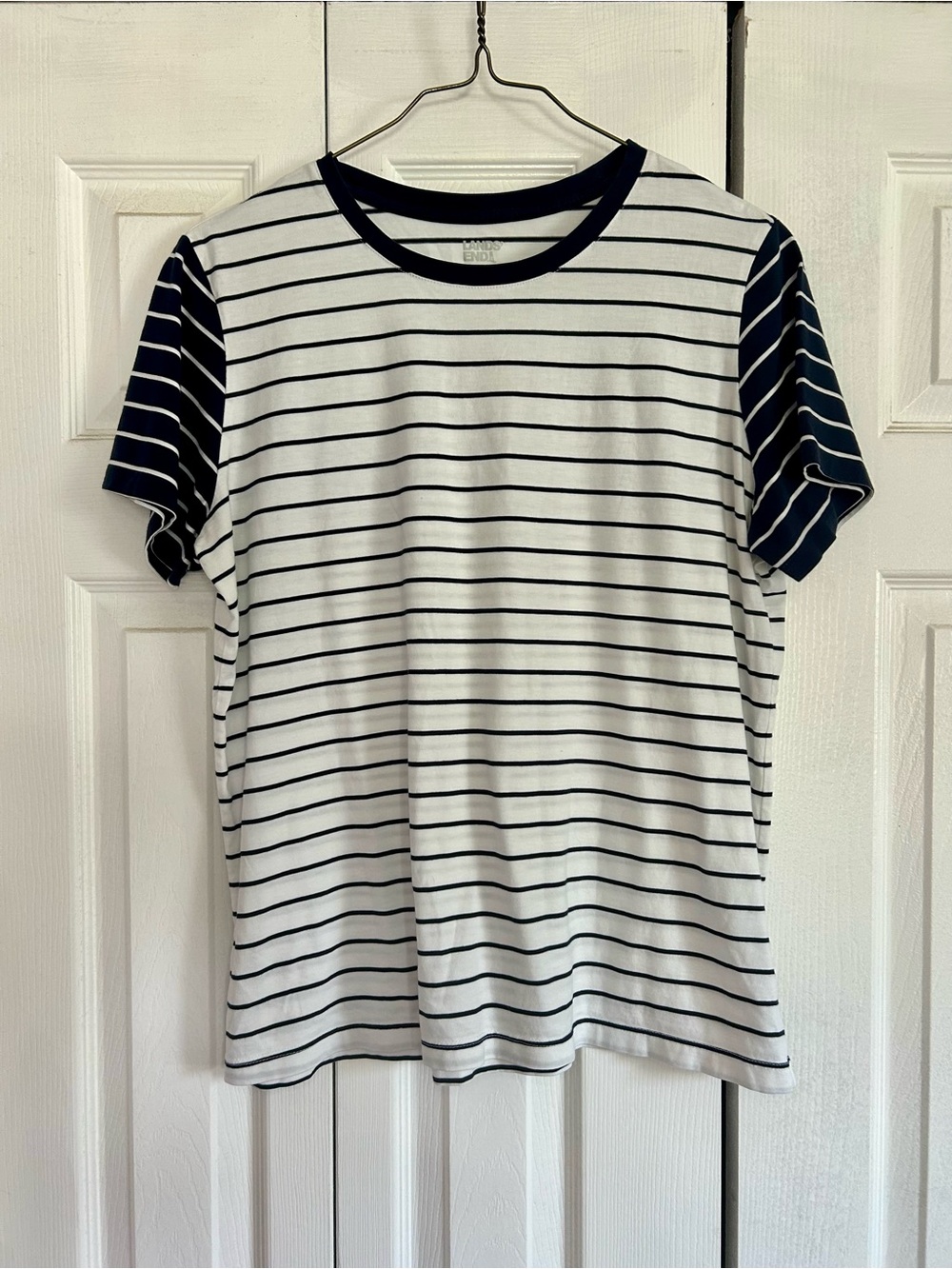 Lands End Striped Crewneck Tee - Navy & White